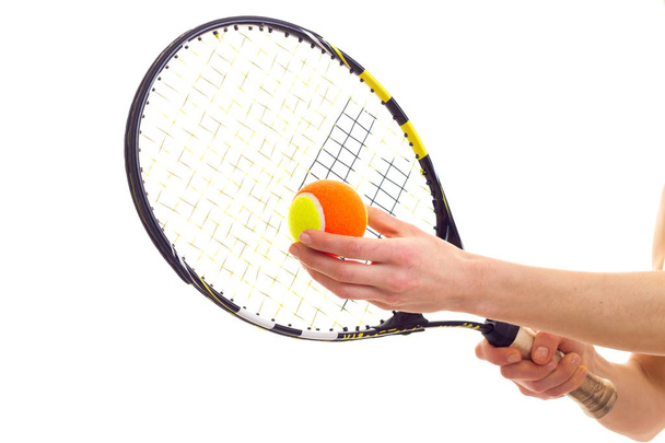 Woman with tennis racquet and ball - Φωτογραφία, εικόνα