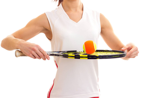 kobieta z rakieta do tenisa i piłki - Zdjęcie, obraz