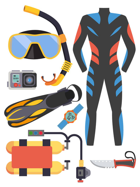 Snorkeling és búvárkodás elemek halmaza. Búvárkodás felszerelés elszigetelt. Búvár ruha, búvár maszk, légzőcső, uszony, szabályozó merülés ikonok. Víz alatti tevékenység búvár felszerelés és kiegészítők. - Vektor, kép