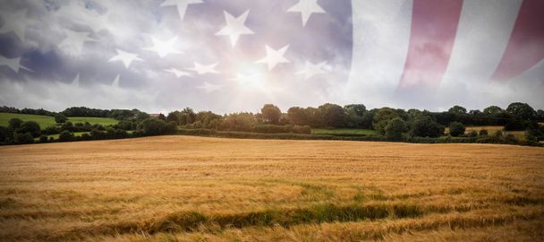 bandera de EE.UU. contra el paisaje del campo
 - Foto, Imagen