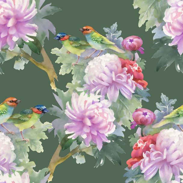 pink peonies and colorful birds  - Foto, imagen