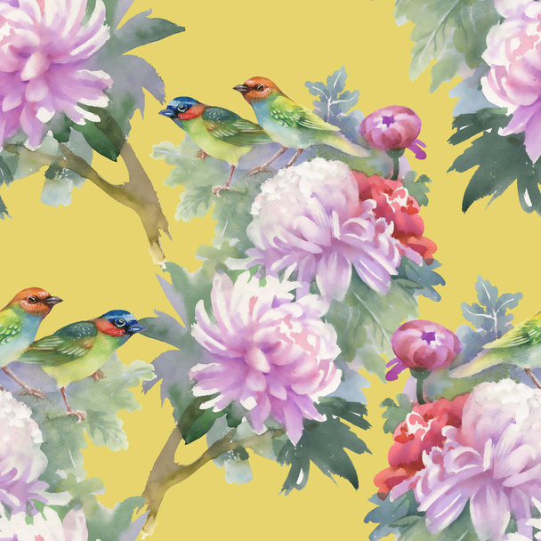 pink peonies and colorful birds  - Photo, image