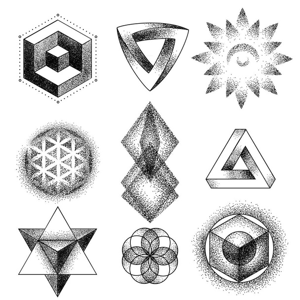 Conjunto de formas de tatuaje imposible y otros, dotwork, blackwork todo hecho de puntos. Figuras geométricas, sagradas estrellas y cubos
 - Vector, Imagen