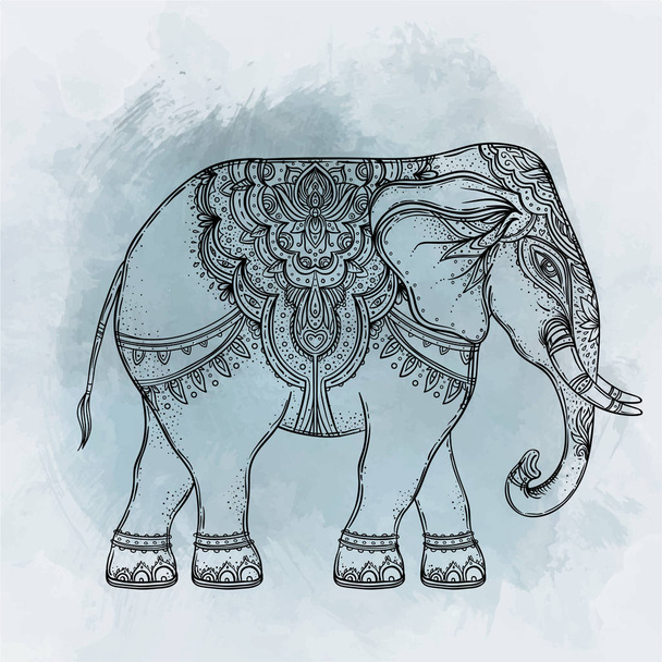 Beautiful hand-drawn tribal style elephant over mandala. Colorfu - Διάνυσμα, εικόνα