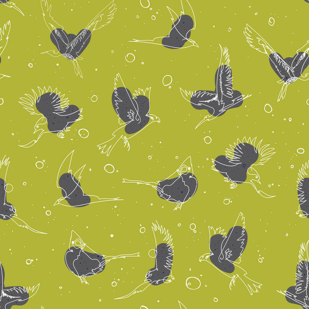Hand drawn artistic single line birds seamless pattern - Vettoriali, immagini