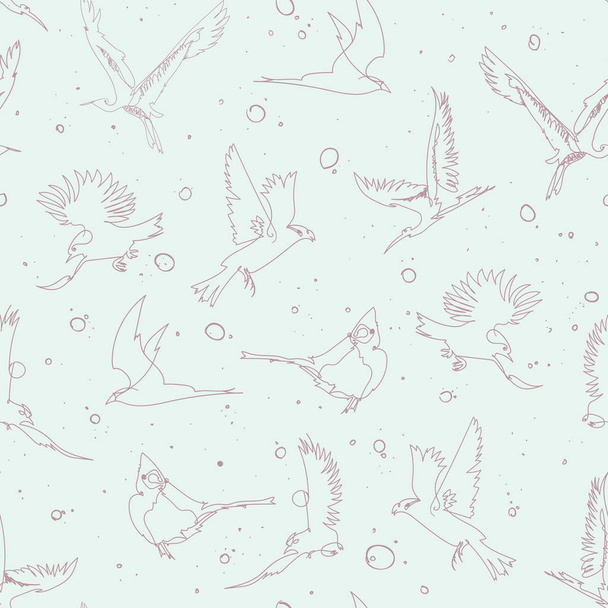Hand drawn artistic single line birds seamless pattern - Вектор,изображение