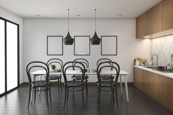 3D rendering loft ξύλινη κουζίνα με τραπέζι φαγητού και χλεύη επάνω πλαίσιο - Φωτογραφία, εικόνα