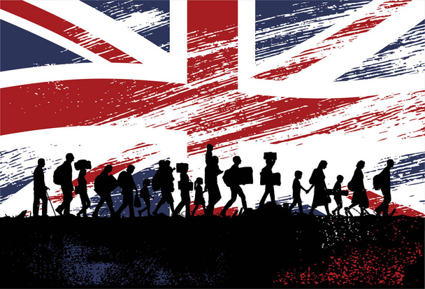 Silhouette dei rifugiati che camminano con la bandiera del Regno Unito come sfondo
 - Vettoriali, immagini