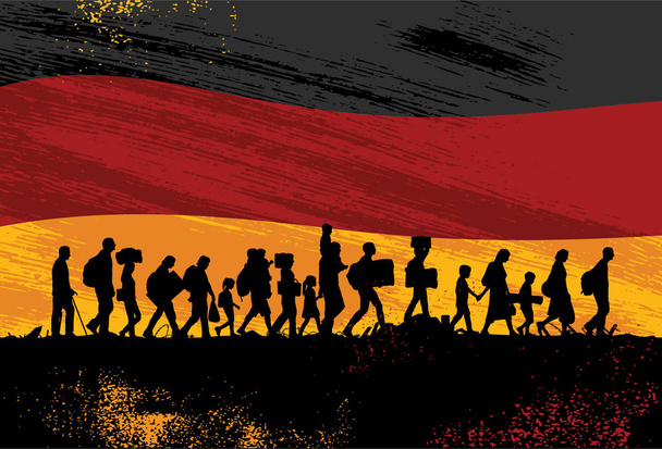 Silhouette von Flüchtlingen mit Deutschland-Fahne als Hintergrund - Vektor, Bild