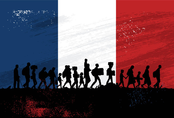 Silhouette dei rifugiati che camminano con la bandiera della Francia come sfondo
 - Vettoriali, immagini