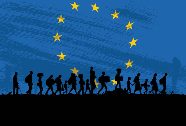 Silhouette von Flüchtlingen Menschen, die mit Europafahne als Hintergrund gehen - Vektor, Bild