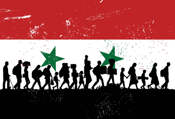 Silhouette of refugees people walking with flag of Syria as a background - Vector, Image