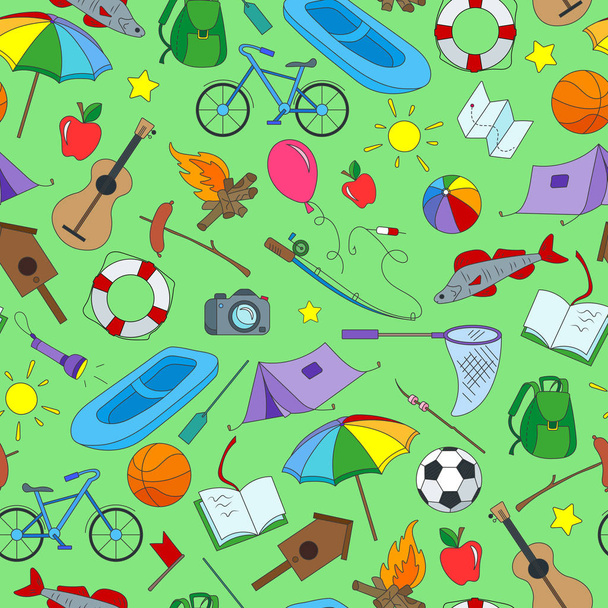 サマー キャンプと緑の背景に休暇のシンプルなアイコンをテーマにシームレス パターン - ベクター画像