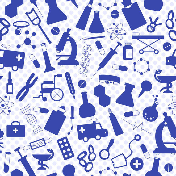 Naadloze patroon met hand getrokken pictogrammen op een thema-geneeskunde en gezondheid, een blauwe silhouetten van pictogrammen op de achtergrond van polka dots - Vector, afbeelding