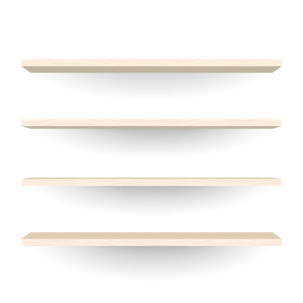 Empty wood shelves on white wall background - Vector, imagen