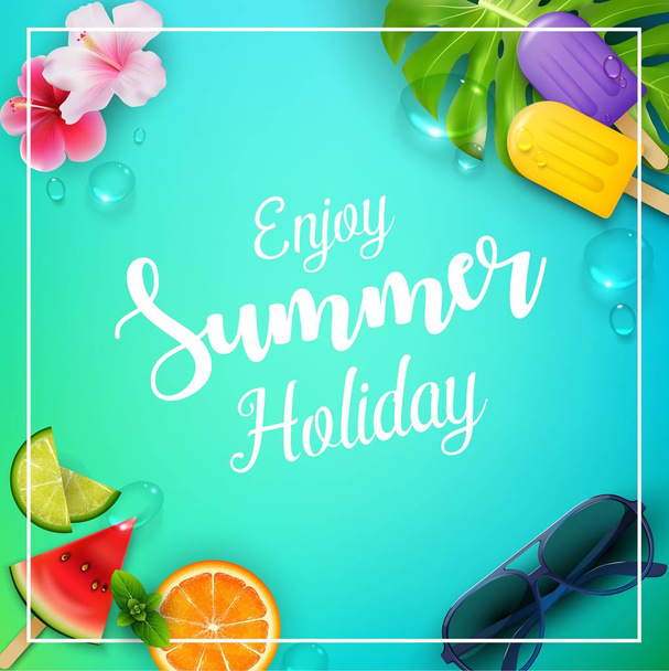 Disfruta de vacaciones de verano con helados, sandía, flores, hojas, naranja, lima y gafas de sol
 - Vector, Imagen