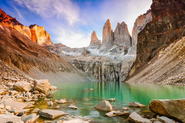 Laguna torres with the towers at sunset, Torres del Paine National Park, Patagonia, Chile - Photo, Image