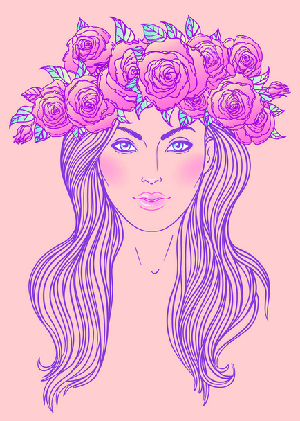 Όμορφο κορίτσι με στεφάνι από τριαντάφυλλα λουλούδια στα μαλλιά της. Θηλυκή θύρα - Διάνυσμα, εικόνα
