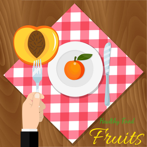 plate with peach, knife, spoon and fork icon isolated. Vector vegetarian organic healthy food cuisine. organic natural realistic fruit. - Вектор, зображення