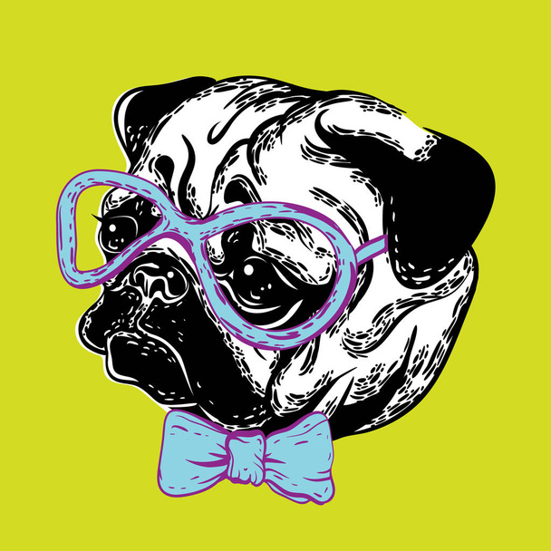 ilustración vectorial de un perro lindo perro pug hocico en gafas y con una corbata de lazo
 - Vector, Imagen