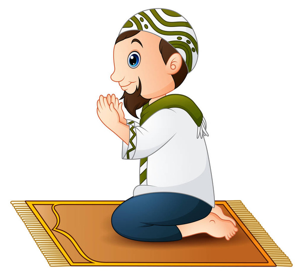 Hombres musulmanes sentados en la alfombra de oración mientras oran
 - Vector, imagen