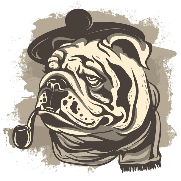dibujo de un detective bulldog, con gorra y bufanda
 - Vector, Imagen