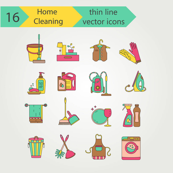 Set icona vettoriale linea sottile colore pulizia casa
. - Vettoriali, immagini