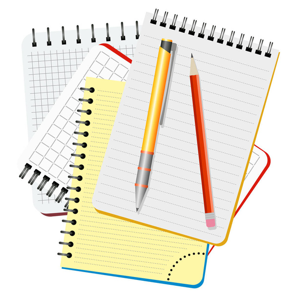 Four notebooks, yellow pen and red pencil - Vektori, kuva