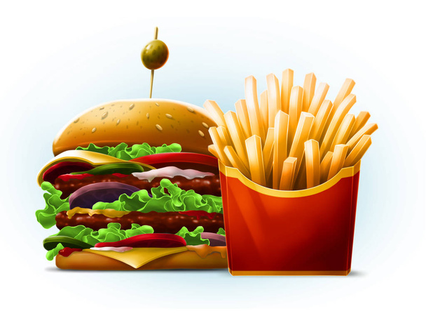 Cartoon dubbele grote hamburger met frieten in het rode vak - Foto, afbeelding