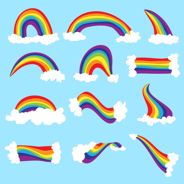 かわいい雲と虹ベクトルを設定します。空の雲と虹の漫画イラスト。手描きかわいい虹と雲 - ベクター画像