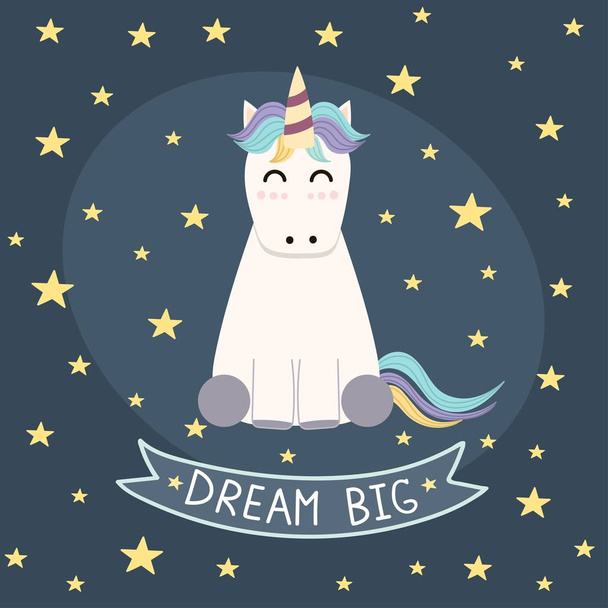 Dream Big poster, greeting card with cute unicorn - Wektor, obraz