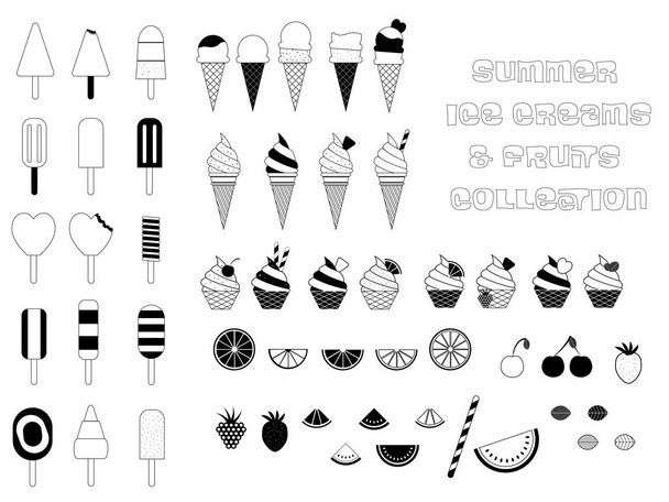 Vector monochrome graphics ice creams, cakes and summer fruits illustration - Vector, Imagen