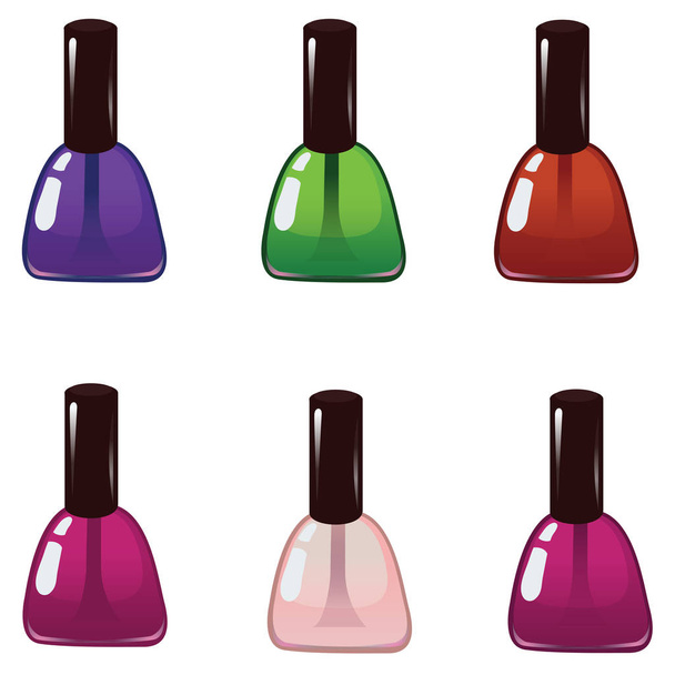 Nail polish in different colors. Illustration of realistic nail polish in glass bottles isolated on white background. - Wektor, obraz