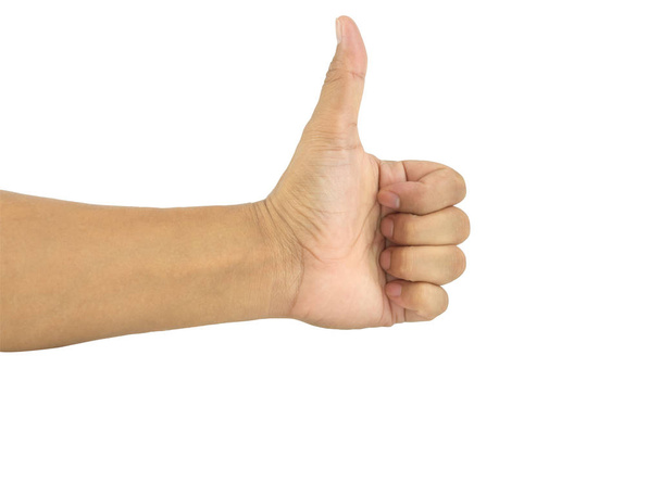 Крупним планом чоловіча рука показує великий палець, ізольовані на білому тлі. відсічний контур
. - Фото, зображення