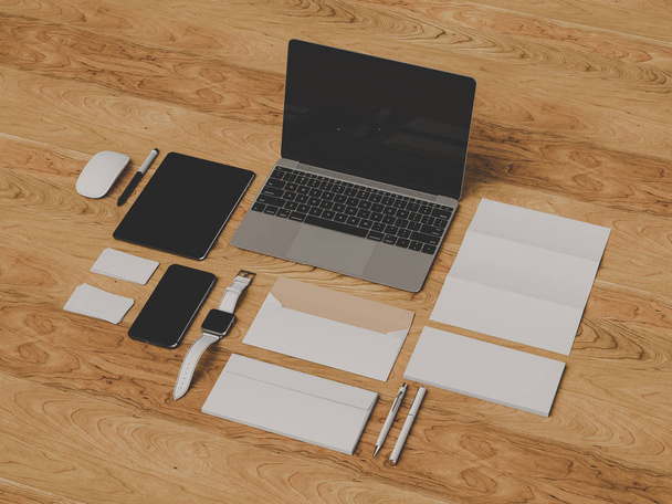 Branding Mock up. Office supplies, Gadgets. 3D illustration - Фото, изображение
