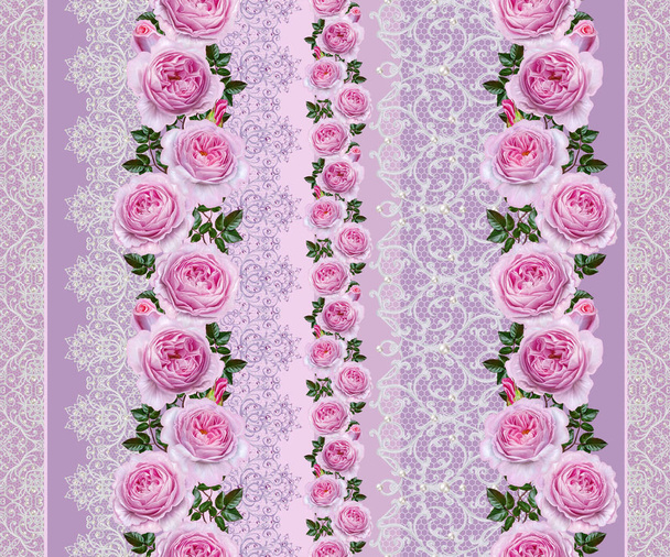 Seamless pattern border. Openwork weaving delicate, silver background, shiny lace, vintage old style arabesques. Edging decorative. Bouquets flower garland of pink pastel roses - Foto, immagini