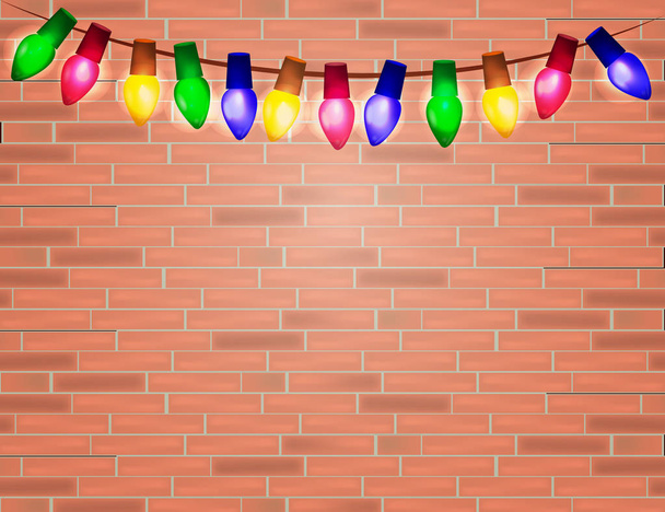 String of Color christmas light bulbs  on red brick background. - Wektor, obraz