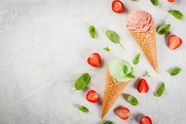 Basil and strawberry ice cream - Photo, image