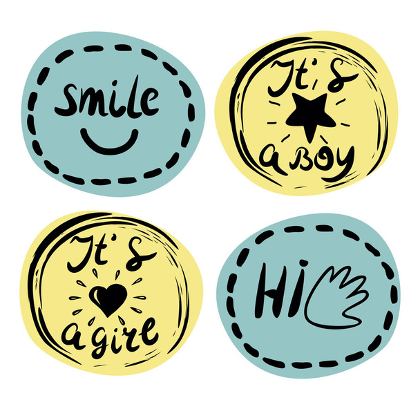 Logotipo de quatro crianças com letra. Sorria É um menino É uma menina Oi
 - Vetor, Imagem