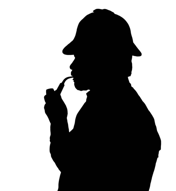 Silhouette of bearded man smoking pipe with Sherlock hat thinkin - Vektor, Bild