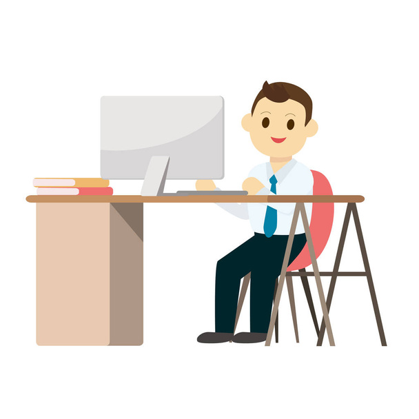 Jeune homme d'affaires travaillant sur bureau avec ordinateur et fond blanc isolé.Illustration vectorielle
. - Vecteur, image