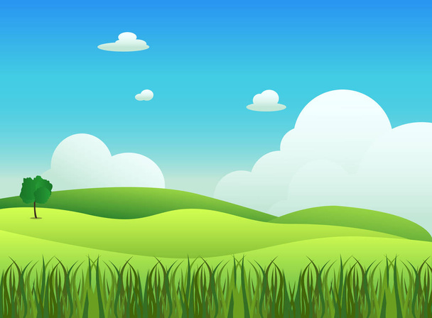 Łąka krajobraz z trawy pierwszego planu, ilustracji wektorowych. Zielone pole i błękitne niebo chmury białe tło - Wektor, obraz