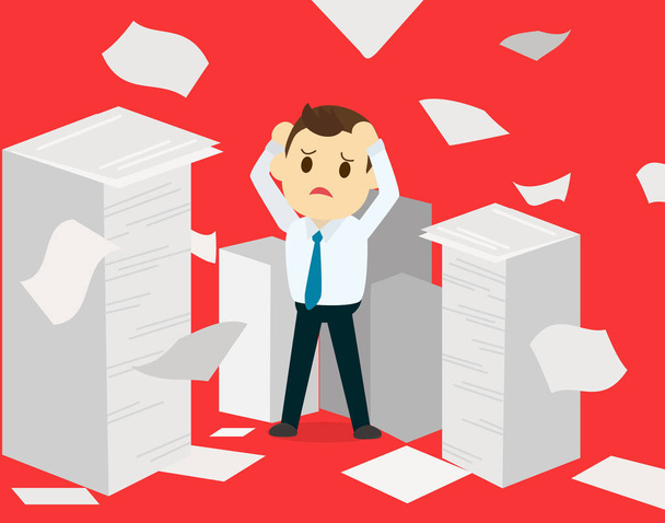 Businessman having a lot of paperwork.Young businessman surrounded by lots of papers. Business man standing in the heap of papers. Vector flat design illustration and red background deadline concept - Vector, Image