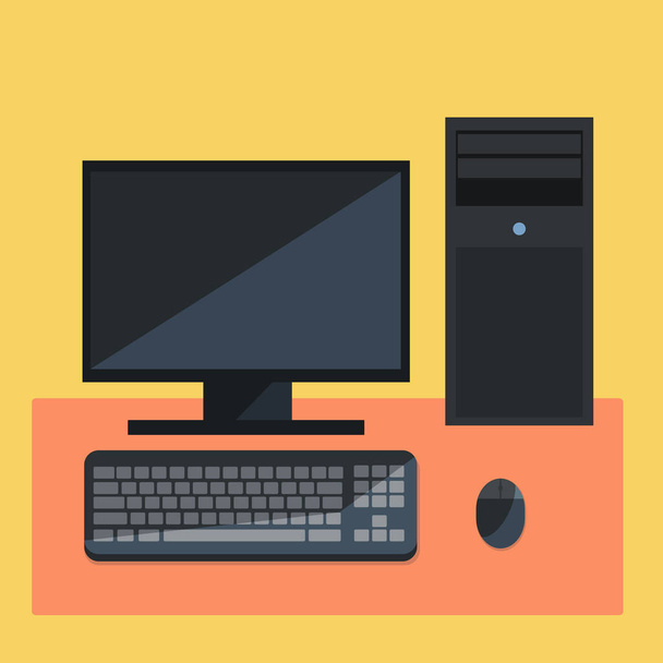 flache Person Computer Design-Ikone mit Tastatur, Maus und Zentraleinheit auf gelbem Hintergrund - Vektor, Bild