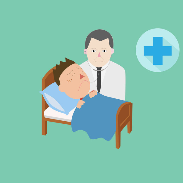 Doctor and patient care on bed and cure symbol - Vector, Image