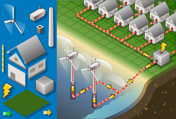 Isometric houses with offshore wind turbines in production of en - Vector, Image