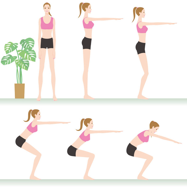 mujer ejercicio dieta estirar en cuclillas
 - Vector, Imagen
