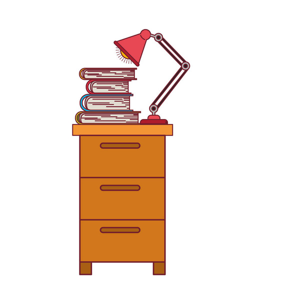 colorful graphic of filing cabinet with lamp and books with dark red line contour - Vector, imagen