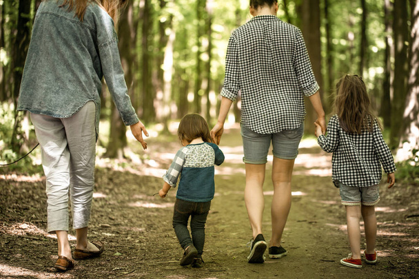 Мать с маленькими дочерьми гуляет по лесу
 - Фото, изображение