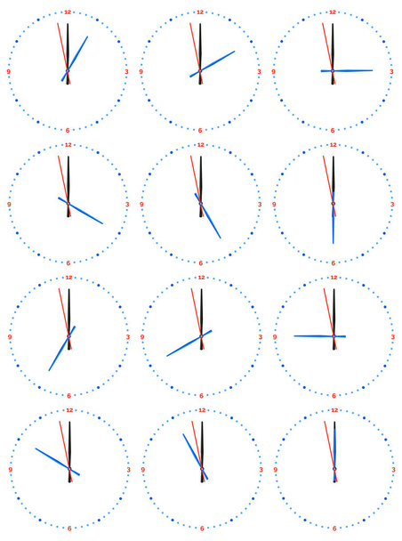 A set of mechanical clocks with an image of each of the twelve hours.  - Vector, Image